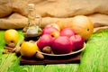 Natural food with flagon on green wood Royalty Free Stock Photo