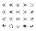 Natural food flat glyph icons set. Sugar, gluten free, no trans fats, salt, egg, nuts, vegan vector illustrations. Signs