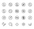 Natural food flat line icons set. Sugar, gluten free, no trans fats, salt, egg, nuts, vegan vector illustrations. Thin