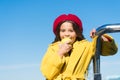 Natural food intake. Small baby enjoy natural apple crop in autumn. Little girl biting into natural fresh green apple