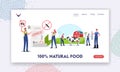 Natural Food Landing Page Template. Characters Signing Petition for Sustainable Organic Agriculture, Farming, Husbandry