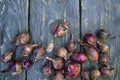 Natural food, red, onion on a wooden table