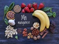 Natural food sources of manganese with the chemical symbol Mn for the chemical element manganese. Royalty Free Stock Photo