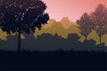 Natural forest Jungle orange horizon trees Landscape wallpaper Sunrise and sunset Illustration vector style Colorful view