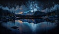 Natural Forest and Mountain Scenery of Night Sky with Stars, Cloud, Nebula and Dust with Beautiful Reflection AI Generative