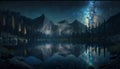 Natural Forest and Mountain Scenery of Night Sky with Stars, Cloud, Nebula and Dust with Beautiful Reflection AI Generative