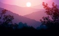 Natural forest mountains horizon hills silhouettes of trees. Evening Sunrise and sunset. Landscape wallpaper. Illustration.