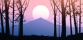 Natural forest mountains horizon hills silhouettes of trees. Sunrise and sunset. Landscape wallpaper. Illustration vector style.