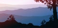 Natural forest mountains horizon hills silhouettes of trees. Sunrise and sunset. Landscape wallpaper. Illustration vector style. Royalty Free Stock Photo