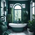 Natural Frendly Green Art Deco Bath Room Bi Windows Sun Light With View Big Bathtub Calm Feeling Generative Ai