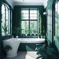 Natural Frendly Green Art Deco Bath Room Bi Windows Sun Light With View Big Bathtub Calm Feeling Generative Ai