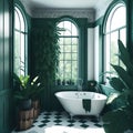 Natural Frendly Green Art Deco Bath Room Bi Windows Sun Light With View Big Bathtub Calm Feeling Generative Ai Royalty Free Stock Photo