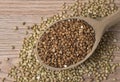 Natural fresh buckwheat in wooden spoon. On a wooden table.