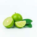 Natural fresh lime, green leaf and sliced with water drops isolated on white background Royalty Free Stock Photo