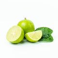 Natural fresh lime, green leaf and sliced with water drops isolated on white background Royalty Free Stock Photo