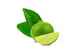 Natural fresh lime with water drops and slice of green lime citrus fruit stand isolated Royalty Free Stock Photo