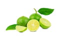 Natural fresh lime with water drops and slice of green lime citrus fruit stand isolated on white background Royalty Free Stock Photo