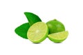 Natural fresh lime with water drops and slice of green lime citrus fruit stand isolated Royalty Free Stock Photo