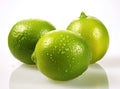 Natural fresh lime with water drops and sliced, green leaf isolated on white background. Created with Generative AI Royalty Free Stock Photo