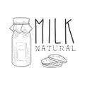 Natural Fresh Milk Product Promo Sign In Sketch Style With Bottle And Biscuits, Design Label Black And White Template