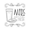 Natural Fresh Milk Product Promo Sign In Sketch Style With Bottle And Cookies, Design Label Black And White Template