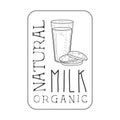 Natural Fresh Milk Product Promo Sign In Sketch Style With Glass And Biscuits In Square Frame, Design Label Black And