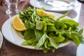 Natural fresh mint delicious fragrant, fragrance exquisite flavor and lemon in the plate Royalty Free Stock Photo