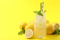 Natural freshly made lemonade on background, space for text. Summer refreshing drink