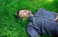 Natural freshness. Nature fills him with freshness and inspiration. Guy relaxed peaceful enjoy freshness of grass. Man