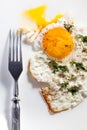 Natural fried egg with a sprouting yolk and fork