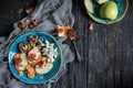 The natural fruit jam on wooden table Royalty Free Stock Photo