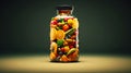 Natural fruits and vegetables in a glass jar, the concept of vitamins and biologically active additives