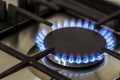 Natural gas burning on kitchen gas stove in the dark. Panel from steel with a gas ring burner on a black background, close-up shoo Royalty Free Stock Photo