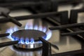 Natural gas burning on kitchen gas stove in the dark. Panel from steel with a gas ring burner on a black background, close-up shoo Royalty Free Stock Photo