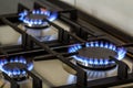 Natural gas burning on kitchen gas stove in the dark. Panel from steel with a gas ring burner on a black background, close-up shoo Royalty Free Stock Photo