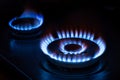 Natural gas burning on the stove. Blue flame. Two burners. Royalty Free Stock Photo