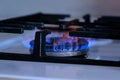 Natural gas inflammation in stove burner. Gas burning from a kitchen gas stove.