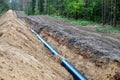 Natural gas pipeline construction work. A dug trench in the ground for the installation and installation of industrial gas and oil Royalty Free Stock Photo