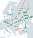Natural gas pipelines from Russia to Europe, political map
