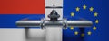 Natural gas transportation in Europe, Gas pipe and valve wheel, Russian and EU flag. 3d render Royalty Free Stock Photo