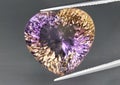 Natural gemstone colored ametrine in thongs on a gray background. Natural Bolivian bicolor yellow purple ametrine