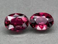 Natural gemstone red rhodolite garnet on gray background