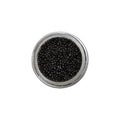 Natural grainy salted black caviar in glass jar isolated on white Royalty Free Stock Photo