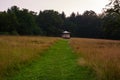 Natural Grassy Path Leading through Field toRed Hut in Woods