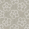 Natural Gray French Linen Texture Background printed with White Daisy Flower. Old Ecru Flax Fibre Seamless Pattern. Organic Yarn