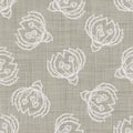 Natural Gray French Linen Texture Background printed with White Daisy Flower. Old Ecru Flax Fibre Seamless Pattern. Organic Yarn