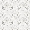 Natural gray french woven linen texture background. Old ecru flax bloom motif seamless pattern. Organic french farmhouse