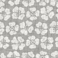 Natural gray french woven linen texture background. Old ecru flax pansy motif seamless pattern. Organic yarn close up