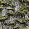 Natural Gray Old Tree Bark with Green Moss and Lichens, Moss on Bark Texture Background Royalty Free Stock Photo