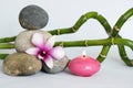 Natural gray pebbles arranged in Zen lifestyle with a two-tone orchid, on the right side of the twisted bamboos and a lighted cand